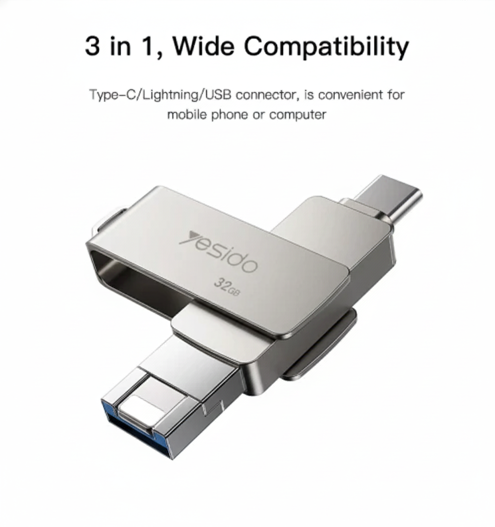 32gb USB Flash Drive 3 in 1 Type-C - Lightning - USB - Yesido FL12