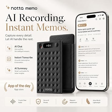 Notta Memo AI Voice Recorder Bluetooth V5.3 | Real-Time Transcription & Translation | 4 MEMS + Bone Mic | 32GB Storage | 30H Recording | 470mAh Battery | Smart Meeting & Lecture Recorder